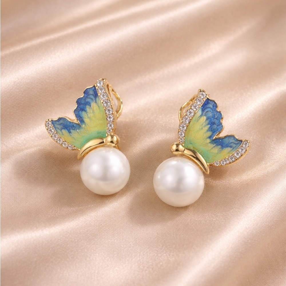 Art Nouveau Butterfly Pearl Earrings | Enamel & Crystal